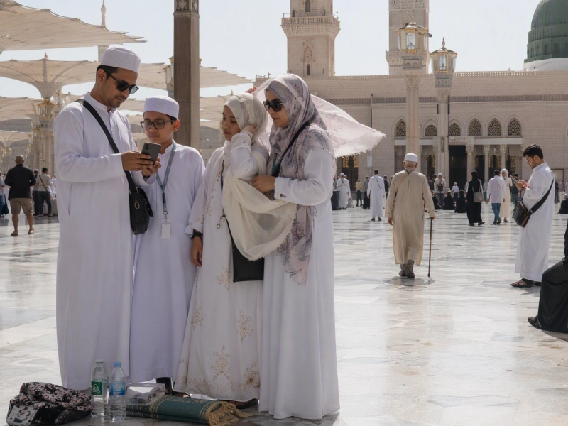 Family visiting the Prophet's Mosque in Madinah