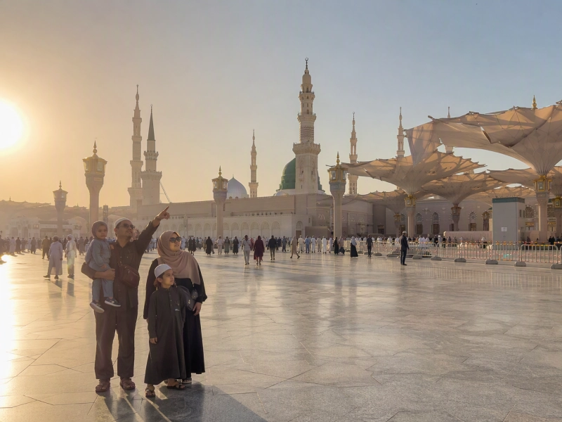 Family visiting Madinah at sunset